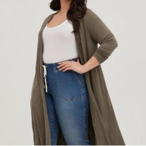 Torrid Super Soft Open Cardigan Duster in Olive Green. Women’s Size 3 or 3X